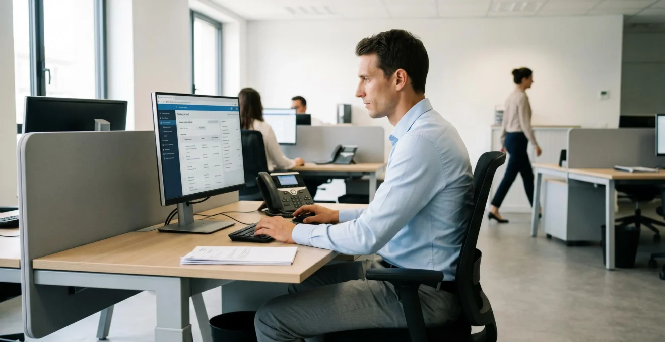 Conseiller d'assurance travaillant sur un dossier client à son bureau avec interface de gestion affichée à l'écran dans un open space contemporain français