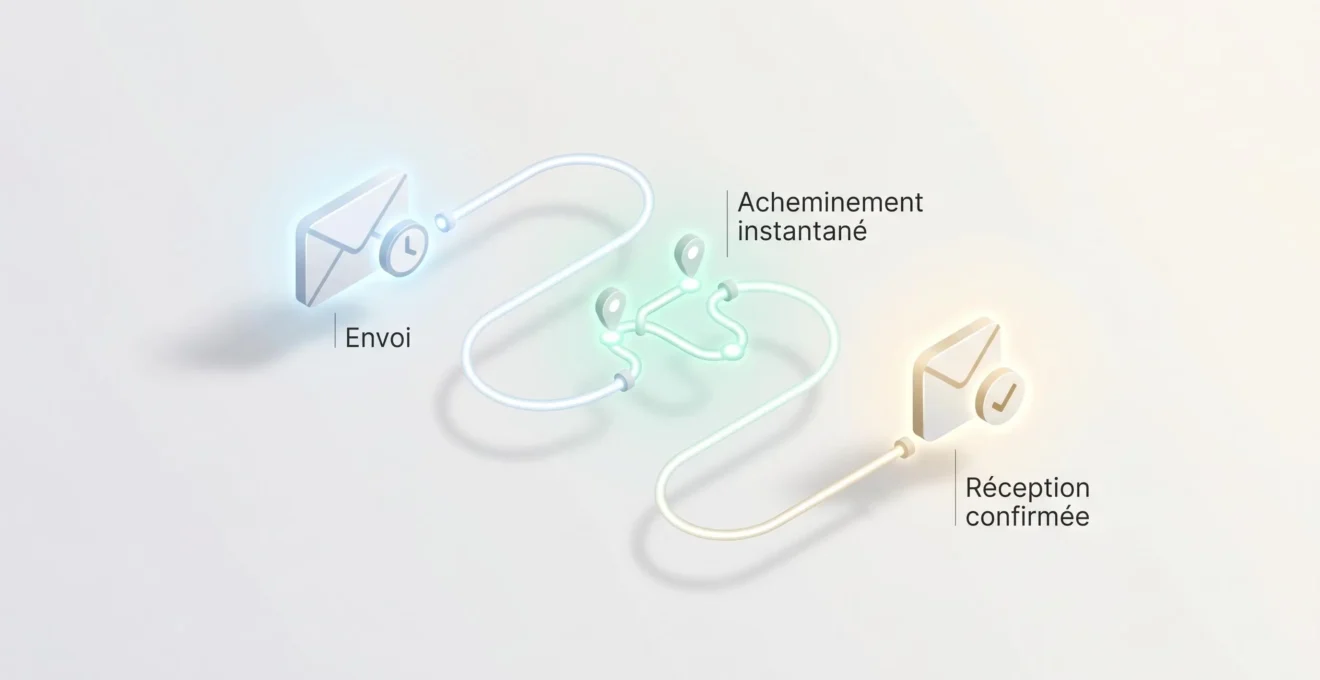 Illustration isométrique 3D montrant un parcours lumineux reliant trois étapes (enveloppe avec horloge, chemin avec points illuminés, destinataire avec coche) sur fond blanc avec annotations françaises indiquant envoi, acheminement instantané et réception confirmée