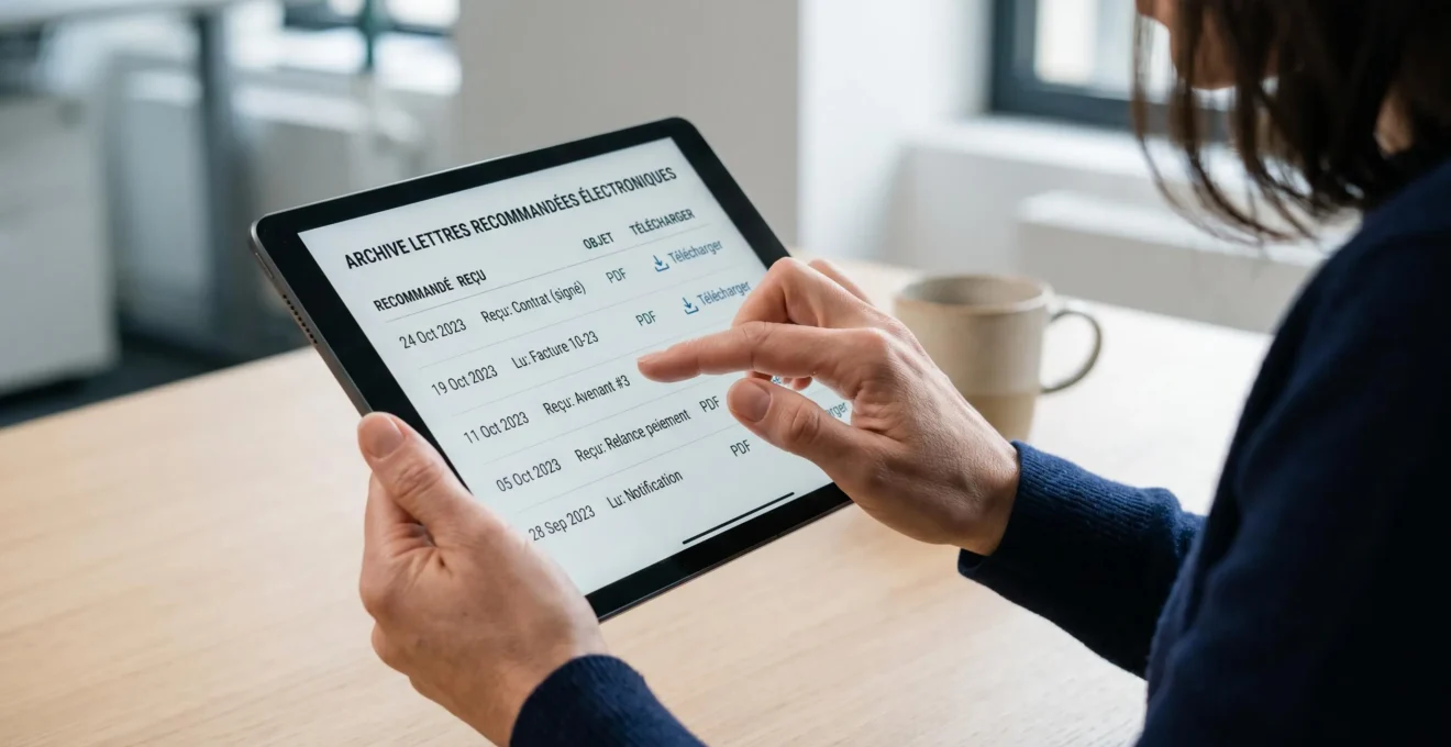 Mains professionnelles consultant sur tablette une interface d'archivage de recommandés électroniques avec liste de documents et statuts en français