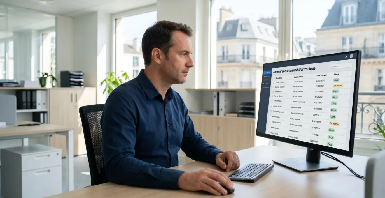 Responsable administratif consultant une interface de gestion de recommandés électroniques sur ordinateur dans un bureau professionnel moderne français baigné de lumière naturelle