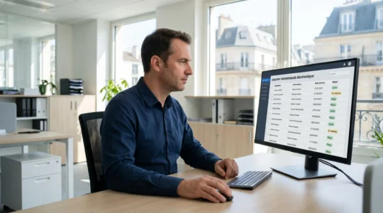 Responsable administratif consultant une interface de gestion de recommandés électroniques sur ordinateur dans un bureau professionnel moderne français baigné de lumière naturelle