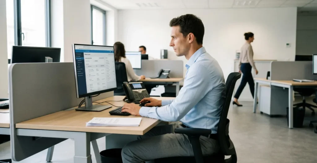 Conseiller d'assurance travaillant sur un dossier client à son bureau avec interface de gestion affichée à l'écran dans un open space contemporain français Conseiller d'assurance travaillant sur un dossier client à son bureau avec interface de gestion affichée à l'écran dans un open space contemporain français
